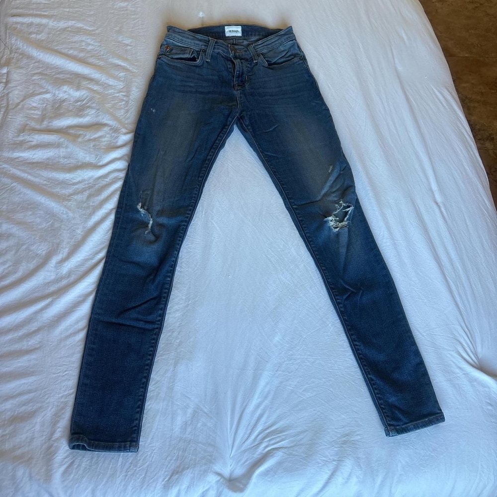Women's Straight Leg Distressed Jeans in Dark Blue
